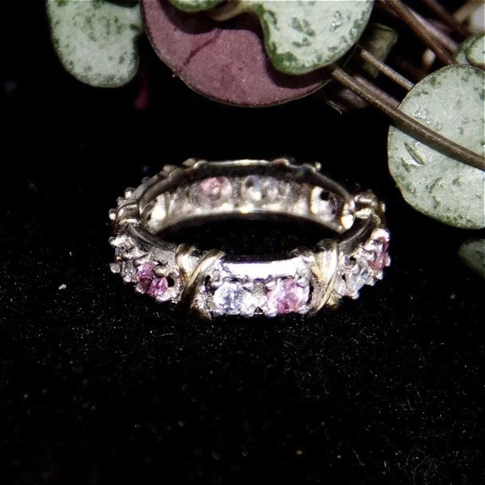 Sterling Silver Pink Clear CZ Eternity Band Ring‎ Size 7 S925 X Kiss Motif